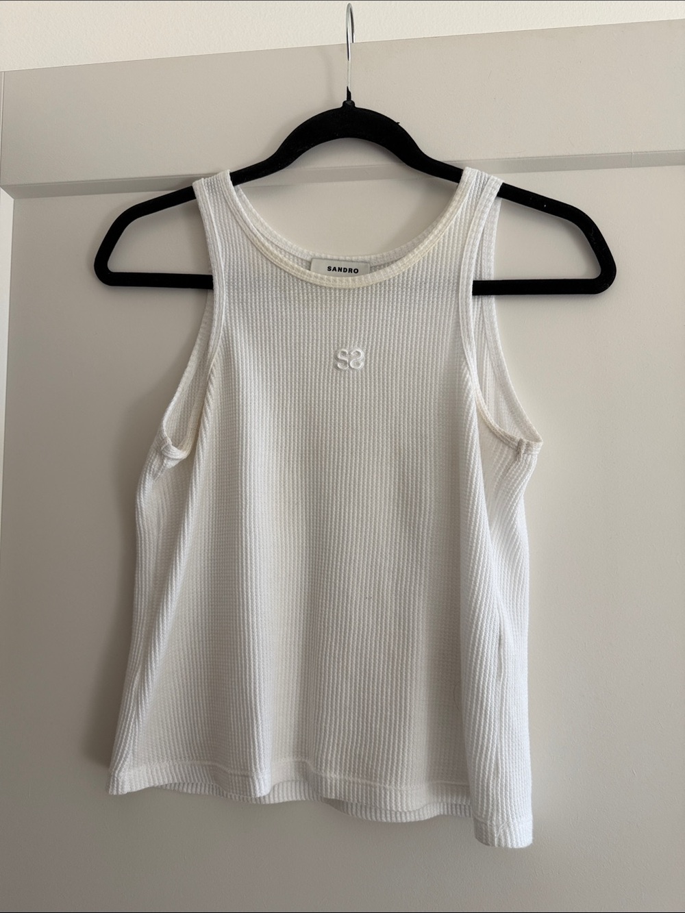 Sandro Cream Ribbed Sleeveless Tank with Monogram